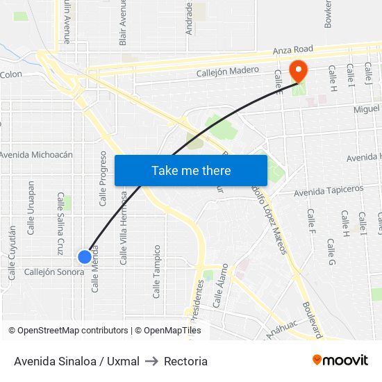 Avenida Sinaloa / Uxmal to Rectoria map