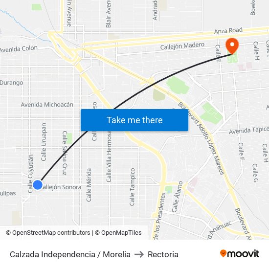 Calzada Independencia / Morelia to Rectoria map