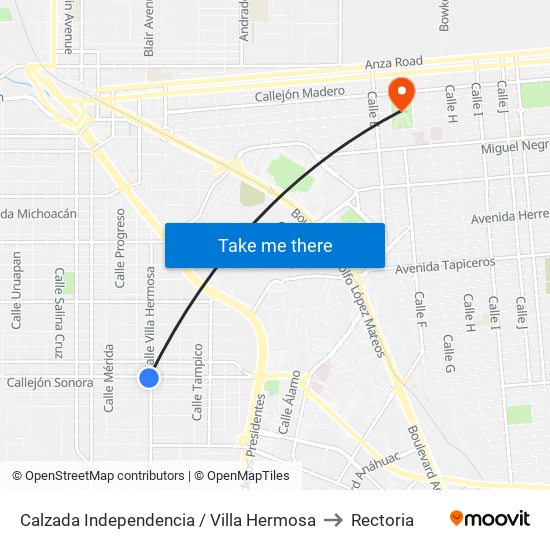 Calzada Independencia / Villa Hermosa to Rectoria map