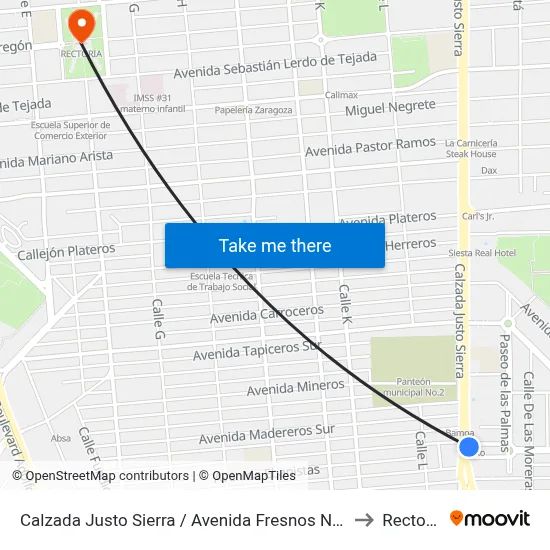 Calzada Justo Sierra / Avenida Fresnos Norte to Rectoria map