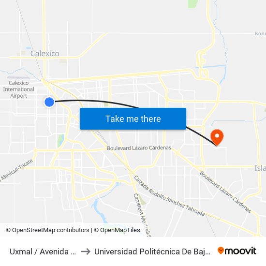 Uxmal / Avenida Puebla to Universidad Politécnica De Baja California map