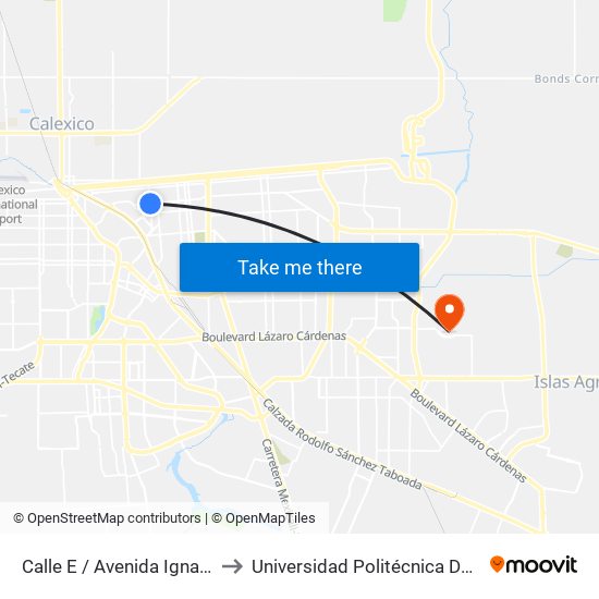 Calle E / Avenida Ignacio Zaragoza to Universidad Politécnica De Baja California map