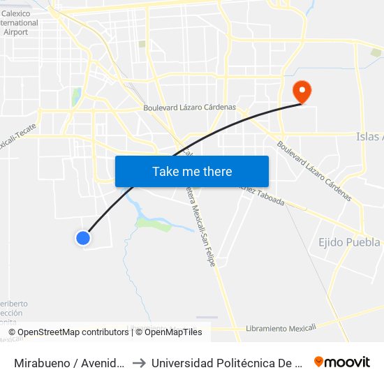 Mirabueno / Avenida Cisneros to Universidad Politécnica De Baja California map