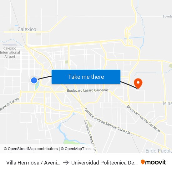 Villa Hermosa / Avenida Tecomán to Universidad Politécnica De Baja California map