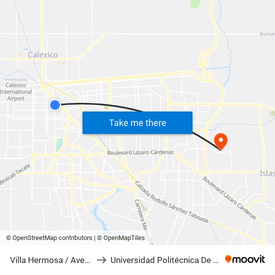 Villa Hermosa / Avenida Puebla to Universidad Politécnica De Baja California map