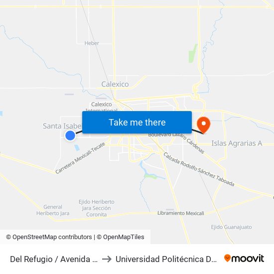 Del Refugio / Avenida San Cristóbal to Universidad Politécnica De Baja California map