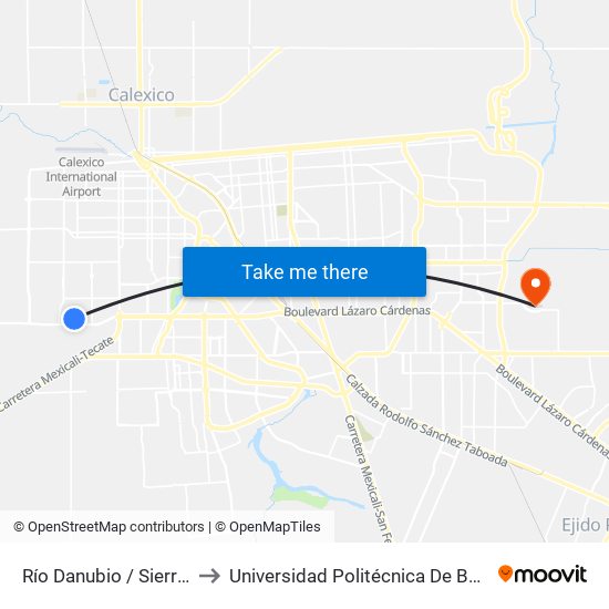 Río Danubio / Sierra Bonita to Universidad Politécnica De Baja California map