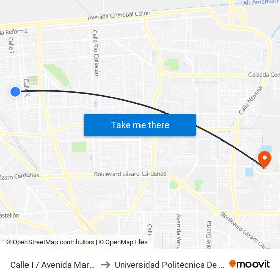 Calle I / Avenida Marmoleros Sur to Universidad Politécnica De Baja California map