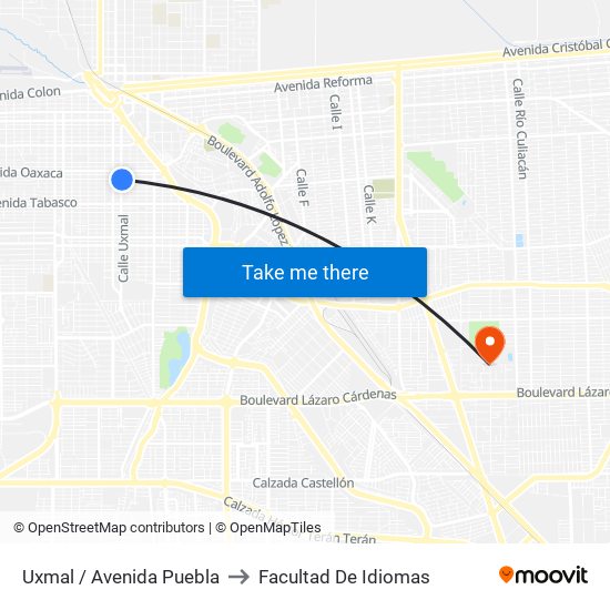 Uxmal / Avenida Puebla to Facultad De Idiomas map