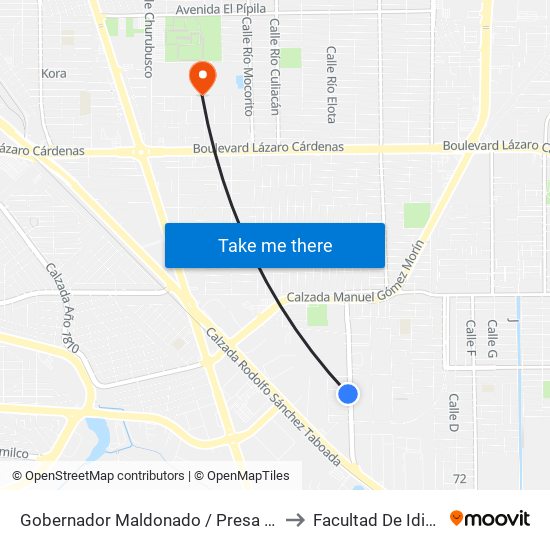 Gobernador Maldonado / Presa Pabellón to Facultad De Idiomas map