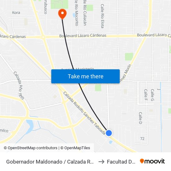 Gobernador Maldonado / Calzada Rodolfo Sánchez Taboada to Facultad De Idiomas map