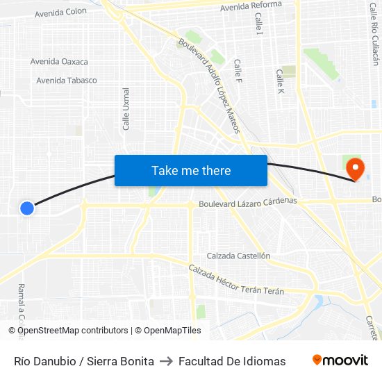 Río Danubio / Sierra Bonita to Facultad De Idiomas map
