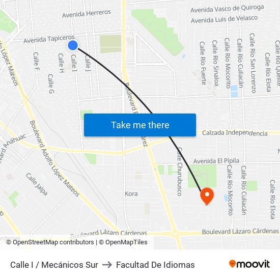 Calle I / Mecánicos Sur to Facultad De Idiomas map