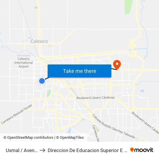 Uxmal / Avenida Coahuila to Direccion De Educacion Superior E Investigacion Cetys Mexicali map