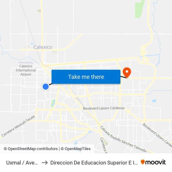 Uxmal / Avenida Sinaloa to Direccion De Educacion Superior E Investigacion Cetys Mexicali map