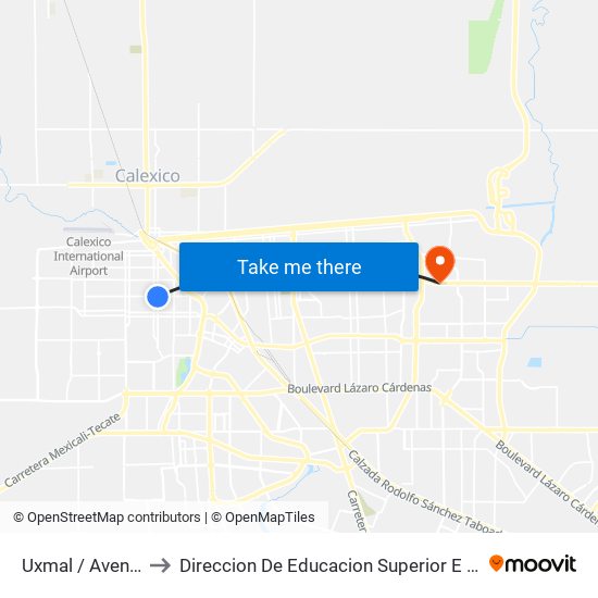 Uxmal / Avenida Tabasco to Direccion De Educacion Superior E Investigacion Cetys Mexicali map