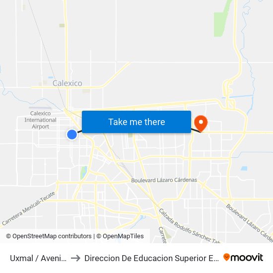 Uxmal / Avenida Querétaro to Direccion De Educacion Superior E Investigacion Cetys Mexicali map