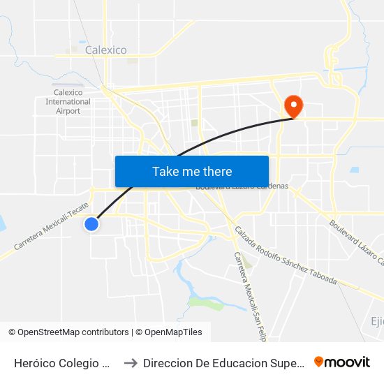 Heróico Colegio Militar / Tomás Pantoja to Direccion De Educacion Superior E Investigacion Cetys Mexicali map