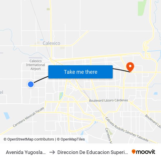 Avenida Yugoslavia / Avenida Congo to Direccion De Educacion Superior E Investigacion Cetys Mexicali map