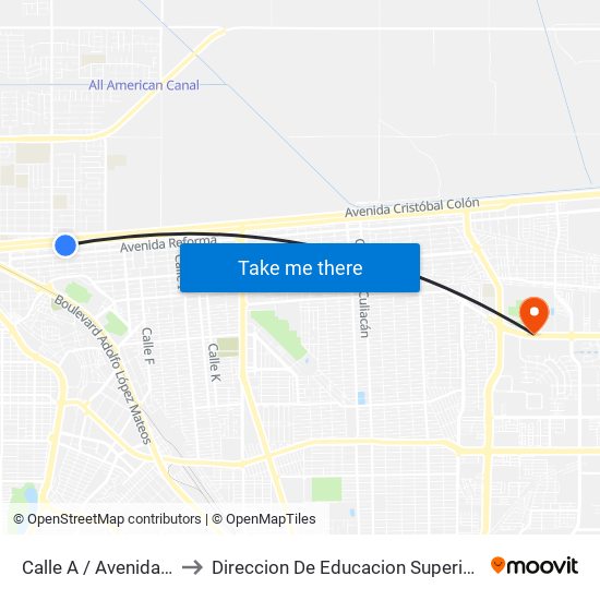 Calle A / Avenida Francisco Madero to Direccion De Educacion Superior E Investigacion Cetys Mexicali map