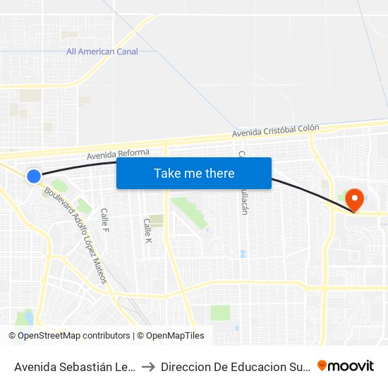 Avenida Sebastián Lerdo De Tejada / Nicolás Bravo to Direccion De Educacion Superior E Investigacion Cetys Mexicali map