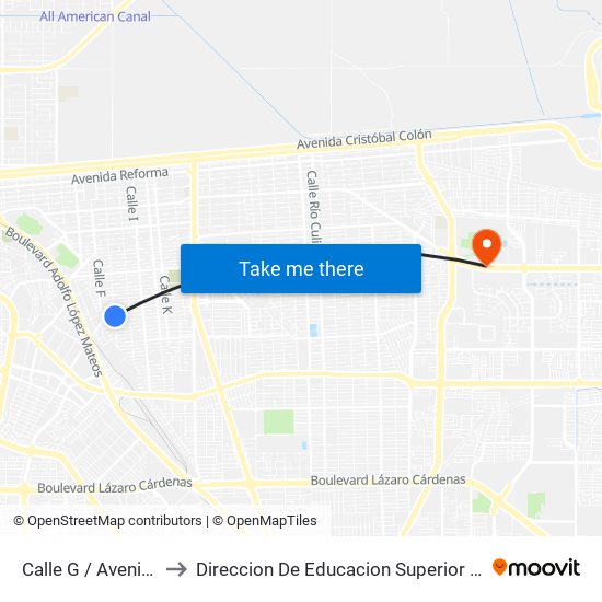 Calle G / Avenida Electricistas to Direccion De Educacion Superior E Investigacion Cetys Mexicali map