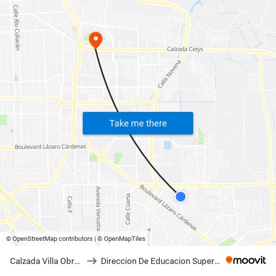 Calzada Villa Obregón / Río Guadalupe to Direccion De Educacion Superior E Investigacion Cetys Mexicali map