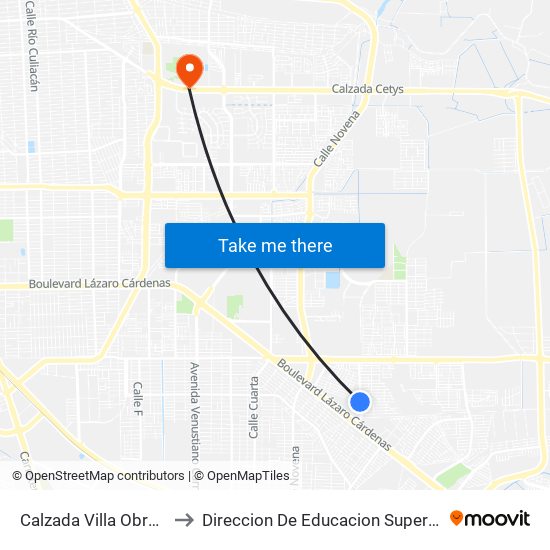 Calzada Villa Obregón / Villa Del Paseo to Direccion De Educacion Superior E Investigacion Cetys Mexicali map
