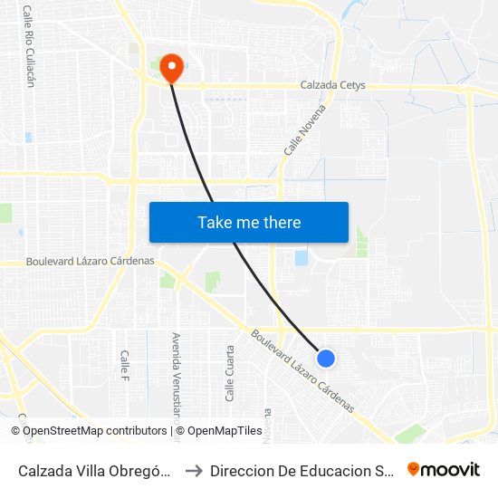 Calzada Villa Obregón / Villa De Moctezuma Poniente to Direccion De Educacion Superior E Investigacion Cetys Mexicali map