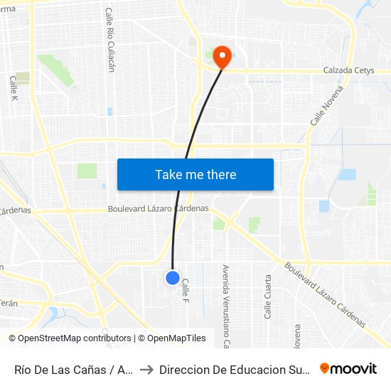 Río De Las Cañas / Avenida Presa Miguel Hidalgo to Direccion De Educacion Superior E Investigacion Cetys Mexicali map