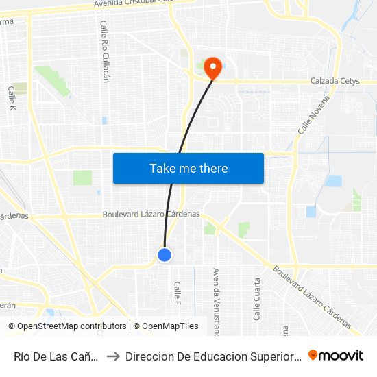 Río De Las Cañas / 27 De Enero to Direccion De Educacion Superior E Investigacion Cetys Mexicali map