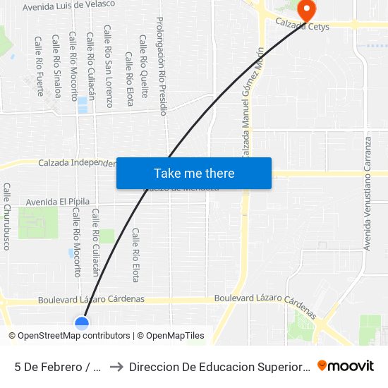 5 De Febrero / Avenida Torreón to Direccion De Educacion Superior E Investigacion Cetys Mexicali map