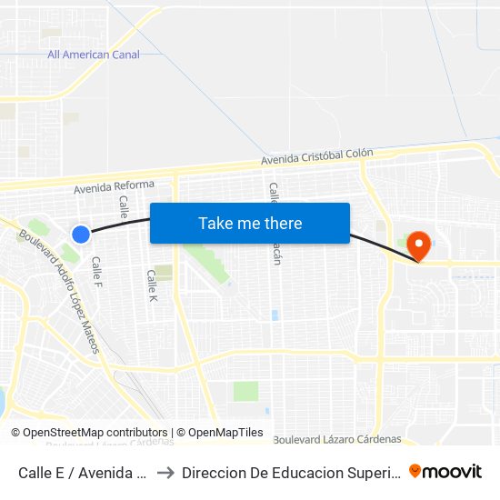 Calle E / Avenida José María Larroque to Direccion De Educacion Superior E Investigacion Cetys Mexicali map