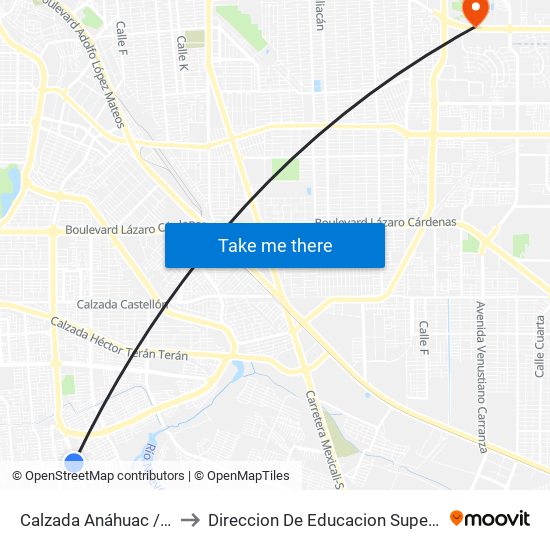 Calzada Anáhuac / Avenida Montecastelo to Direccion De Educacion Superior E Investigacion Cetys Mexicali map