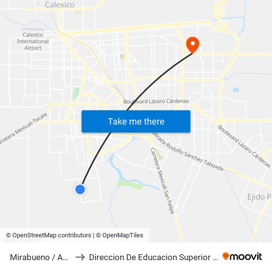 Mirabueno / Avenida Burguete to Direccion De Educacion Superior E Investigacion Cetys Mexicali map