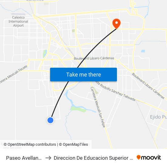 Paseo Avellaneda / Mascardi to Direccion De Educacion Superior E Investigacion Cetys Mexicali map