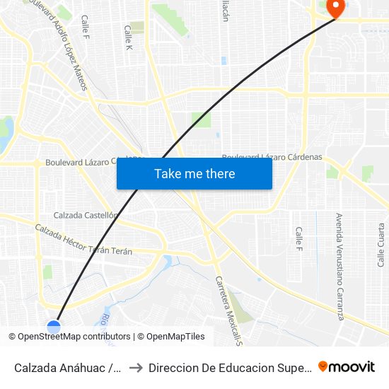 Calzada Anáhuac / Avenida Monte Castelo to Direccion De Educacion Superior E Investigacion Cetys Mexicali map