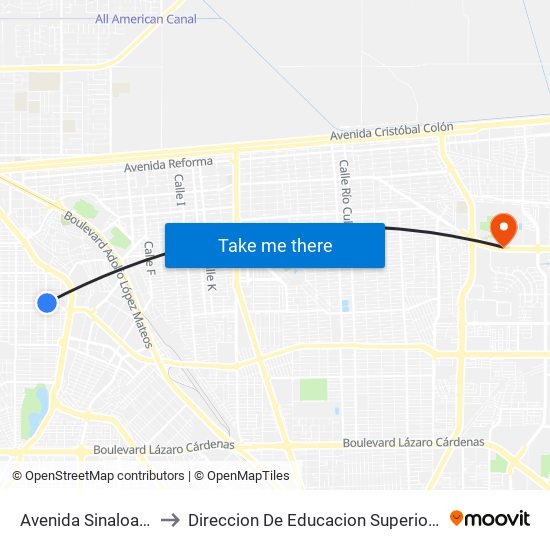 Avenida Sinaloa / Ciudad Victoria to Direccion De Educacion Superior E Investigacion Cetys Mexicali map