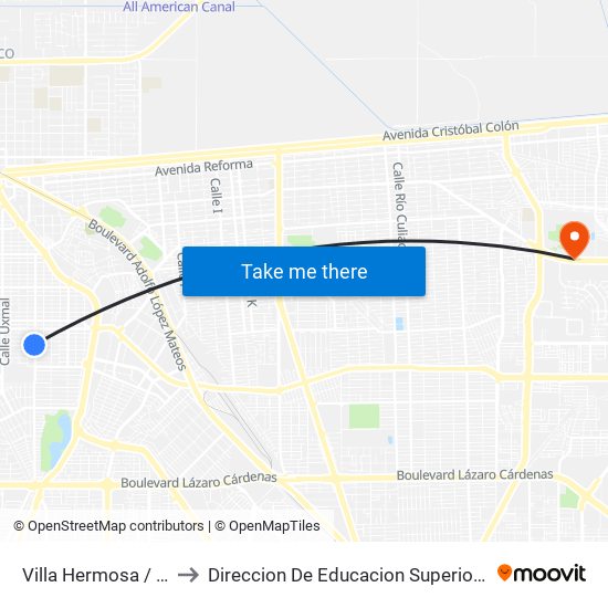 Villa Hermosa / Avenida Coahuila to Direccion De Educacion Superior E Investigacion Cetys Mexicali map