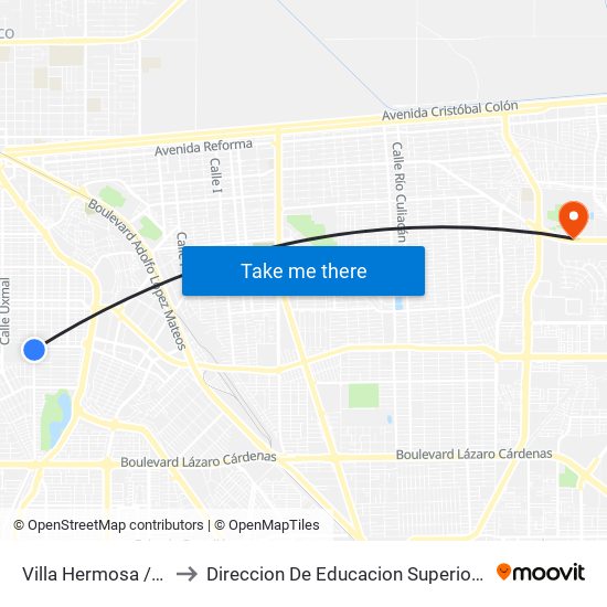 Villa Hermosa / Avenida Tlaxcala to Direccion De Educacion Superior E Investigacion Cetys Mexicali map