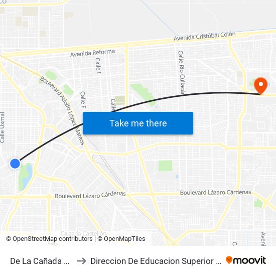 De La Cañada / Avenida Taxco to Direccion De Educacion Superior E Investigacion Cetys Mexicali map