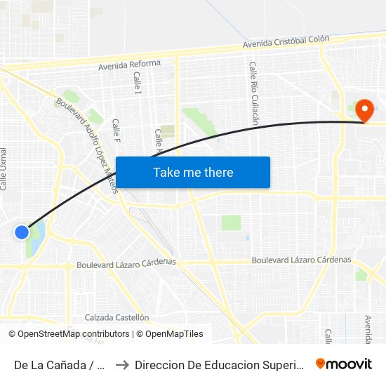 De La Cañada / Avenida Del Arroyo to Direccion De Educacion Superior E Investigacion Cetys Mexicali map