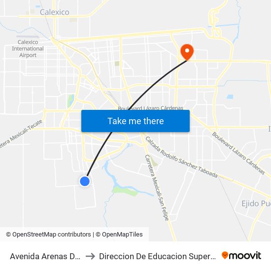 Avenida Arenas Del Rey / Lago Cuitzeo to Direccion De Educacion Superior E Investigacion Cetys Mexicali map