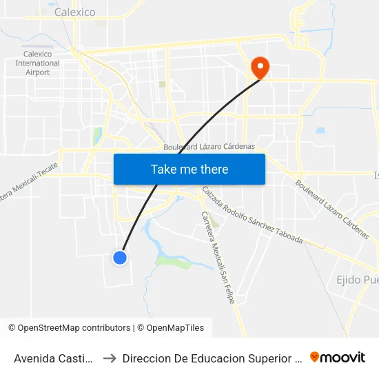 Avenida Castiblanco / Roncal to Direccion De Educacion Superior E Investigacion Cetys Mexicali map