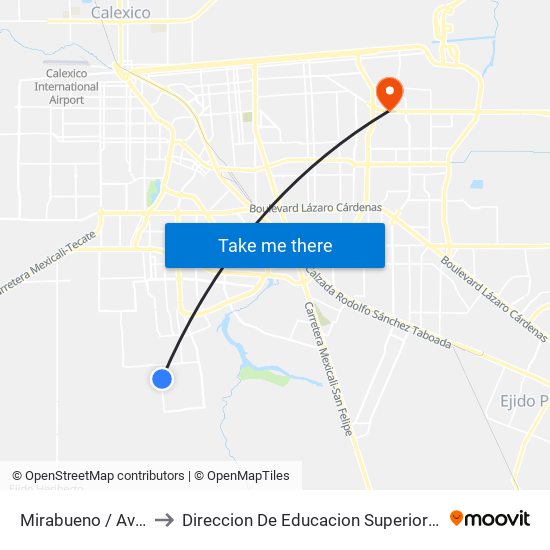 Mirabueno / Avenida Belmonte to Direccion De Educacion Superior E Investigacion Cetys Mexicali map