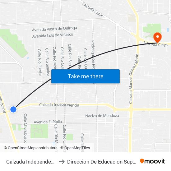 Calzada Independencia / María Fermín Rivera to Direccion De Educacion Superior E Investigacion Cetys Mexicali map