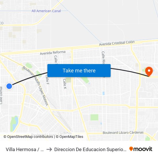Villa Hermosa / Avenida Veracruz to Direccion De Educacion Superior E Investigacion Cetys Mexicali map
