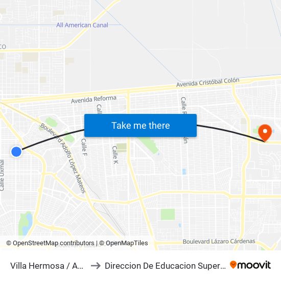 Villa Hermosa / Avenida San Luis Potosí to Direccion De Educacion Superior E Investigacion Cetys Mexicali map