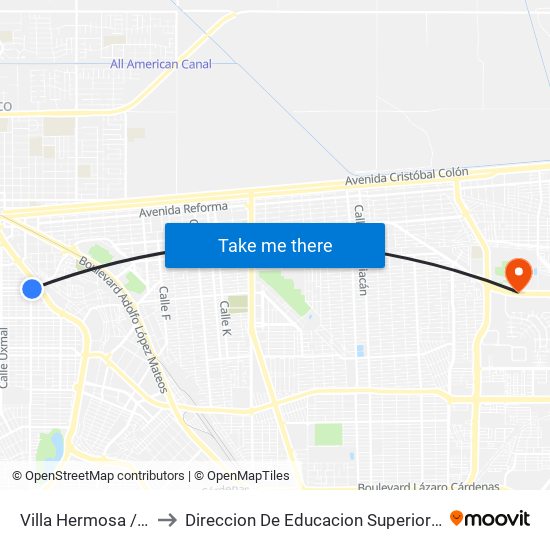 Villa Hermosa / Avenida Oaxaca to Direccion De Educacion Superior E Investigacion Cetys Mexicali map