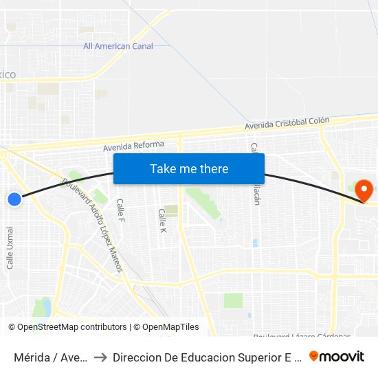 Mérida / Avenida Oaxaca to Direccion De Educacion Superior E Investigacion Cetys Mexicali map